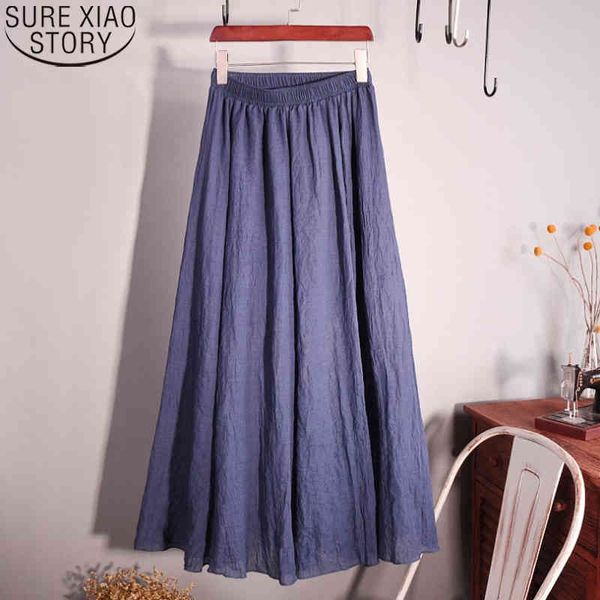 

women spring summer elastic waist cotton linen maxi vintage solid pleated long skirts girl boho beach skirt 9956 210417, Black