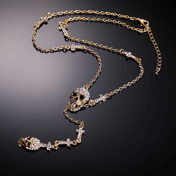 

halloween skull cross necklace women skeleton crystal pendant goth party jewelry gift hip-pop punk neck chain link collier femme x0707, Silver