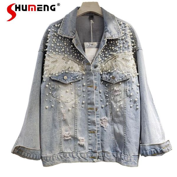 

women's jackets 2021 spring pockets diamond denim jacket pearl beaded loose jean coats slimming for women korean, Black;brown