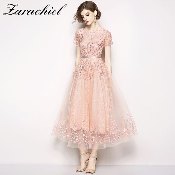 

sparkle flower embroidery evening party women short sleeve o-neck long a-line mesh dresses elegant pink tulle maxi dress 210416, Black;gray