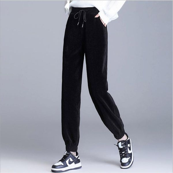 

women's pants & capris autumn winter solid sports running harem loose casual drawstring high waist trousers women plus size streetwear, Black;white