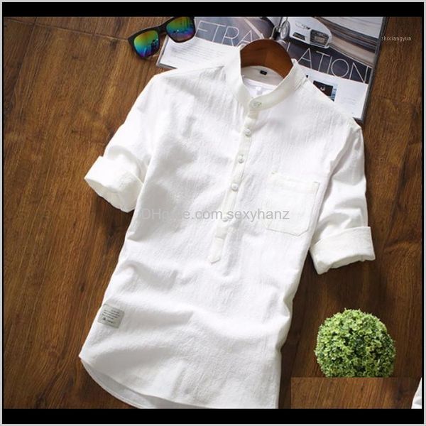 

5 cotton linen mens chinese stand collar slim three quarter shirts fashion solid color casual shirt s3xl1 yicsv gn6zo, White;black