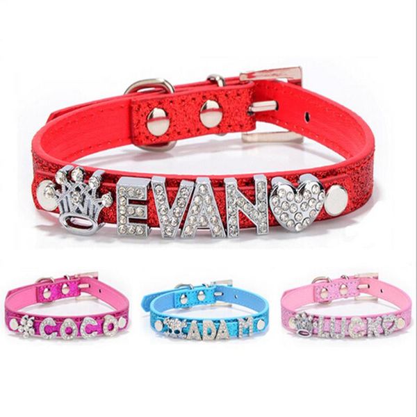

dog collars & leashes personalized diy shiny glitter powder pu leather collar pet puppy cat bling rhinestone name xs, s, m, l 5 colors