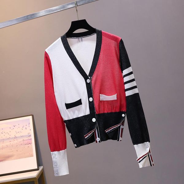 

women's knits & tees contrast knitted cardigan korean style sweater women female cardigans striped casual ice silk summer, White