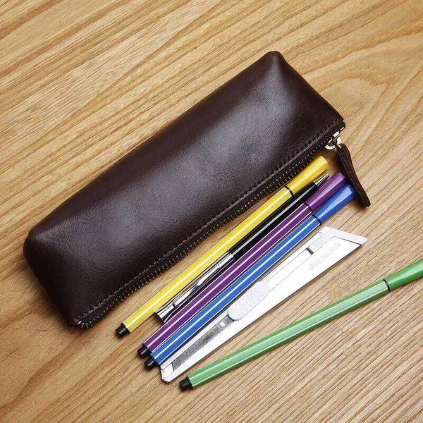 

genuine leather pencil case for school & office supplies stationery storage bag gift pouch bags