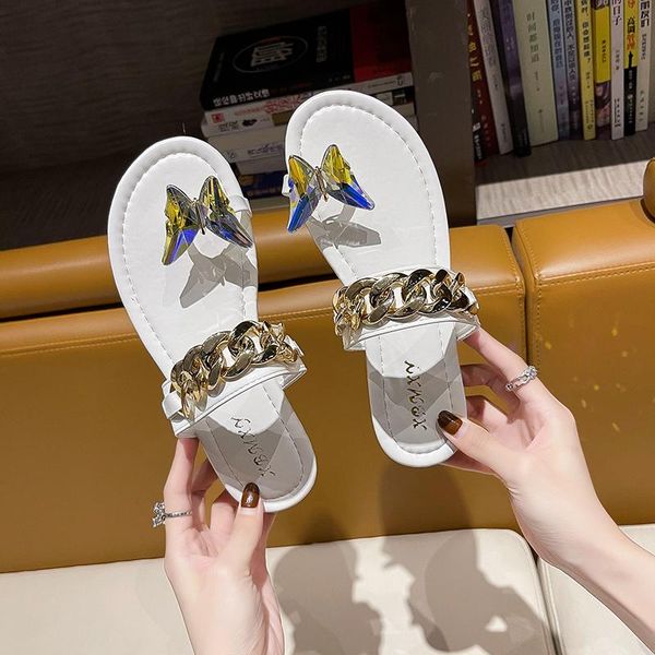 

slippers outdoor women's summer sandals in 2021 butterfly flat bottom chain decoration schoolgirl clip toe beach shoes, Black