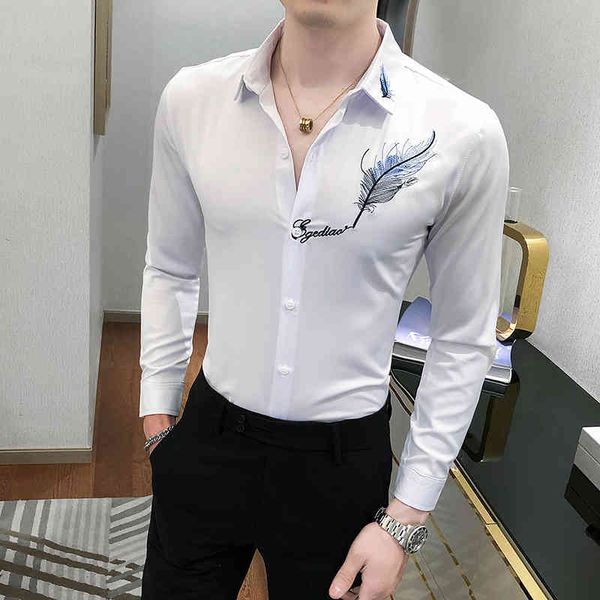 

men's casual shirts embroidered male shirt fashion long sleeve for fine men adjust formal business wear blouse 4xl s99b, White;black