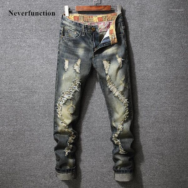 

men's jeans streetwear vintage ripped skinny designer men motorcycle destroyed hip hop holes biker denim pants, Blue