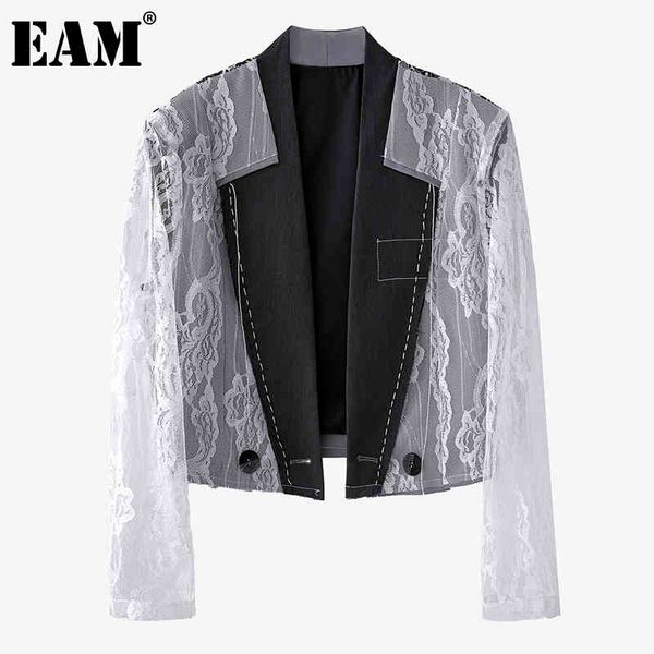 

[eam] women black short lace embroidery big size blazer lapel long sleeve loose jacket fashion spring autumn 1dd7695 21512, White