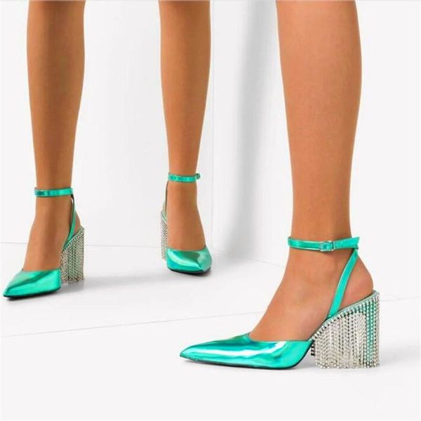 

rhinestone tassel ladies high heels gold blue pointed summer stage sandals, Black
