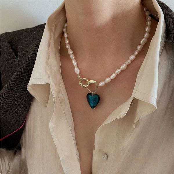 

pendant necklaces lovoacc luxury irrgular baroque freshwater pearl for women blue green color glass heart choker necklace gift, Silver