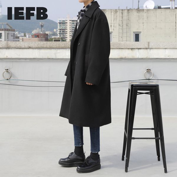

iefb /men's clothing double breasted black thickened woolen long coat autumn winter korean male's mid-length lapel 9y3867 210524