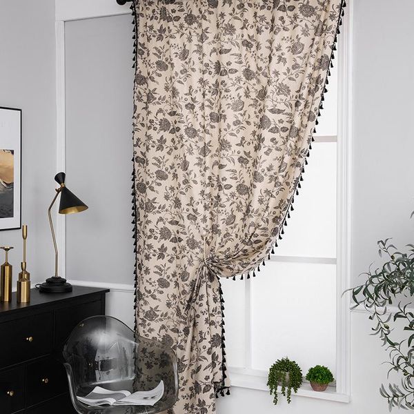 

curtain & drapes 2021 bohemian style cotton linen printed black tassel thicken curtains for living room balcony bedroom floor floating