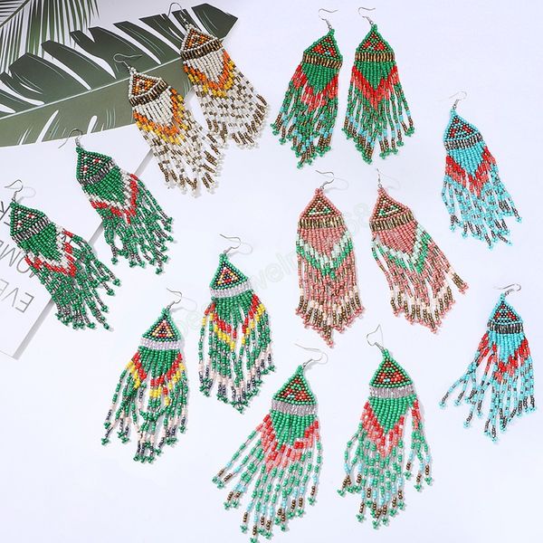 

boho ethnic beaded tassel dangle earrings for women bohemian green color seed beads handmade fringed jewelry, Silver
