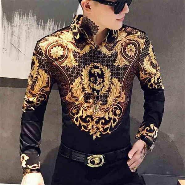 Повседневная блузка Homme Барочная банкетная рубашка Paisley Black Gold Men Luxury Korean S с длинным рукавом Slim Fit 210809