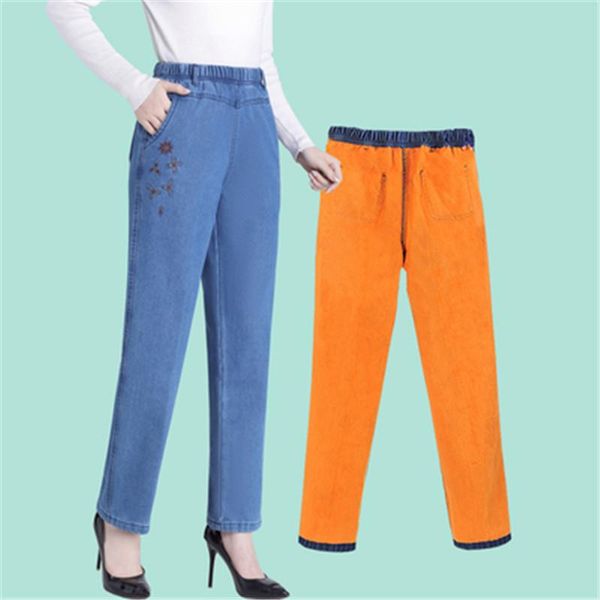 

women's jeans winter washed and velvet mother's elastic waist trousers thicken straight stretch loose large size middle-aged women, Blue