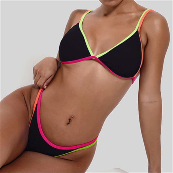 

women contrasting color bikini swimwear fashion trend back bras briefs split swimsuit designer female summer sling low waist beach sets, White;black