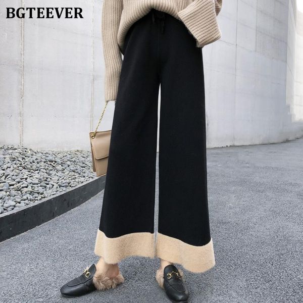 

women's pants & capris bgteever 2021 winter all-match loose wide-legged patchwork color knitted casual high waist lace-up straight trou, Black;white