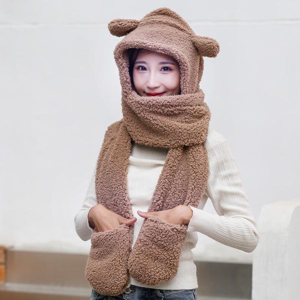 

beanie/skull caps women cap autumn and winter keep warm thick fur cute bear head neck hand fashion, Blue;gray
