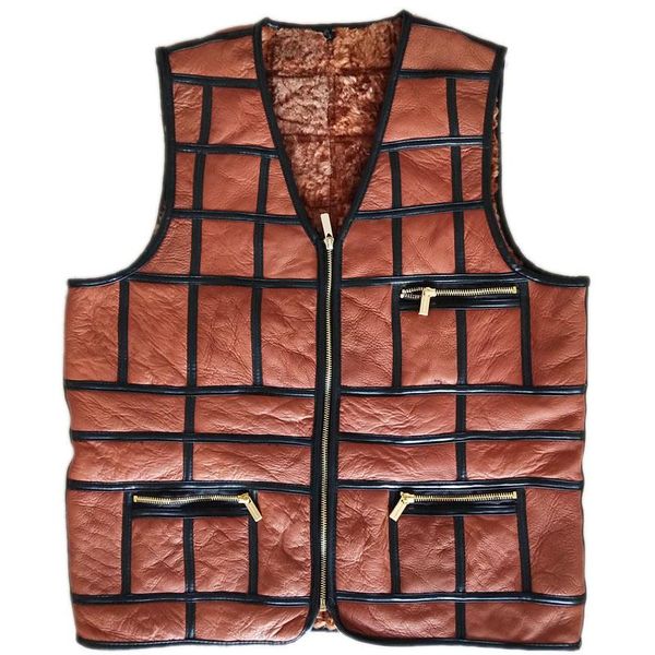

men's vests 2022 leather and fur vest sheepskin stitching warm, Black;white