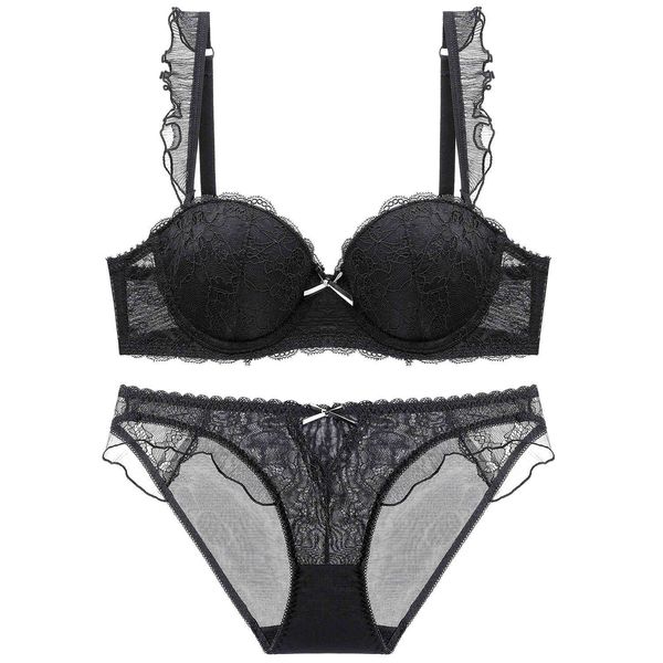 

bra set 16002 girl's underwear thin bottom thick lady gathered lace suit, Red;black