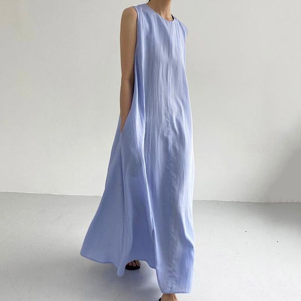 

casual dresses [ewq] korean chic fashion simple round neck solid color stitching double pocket loose sling robe dress women summer 2021 16w1, Black;gray