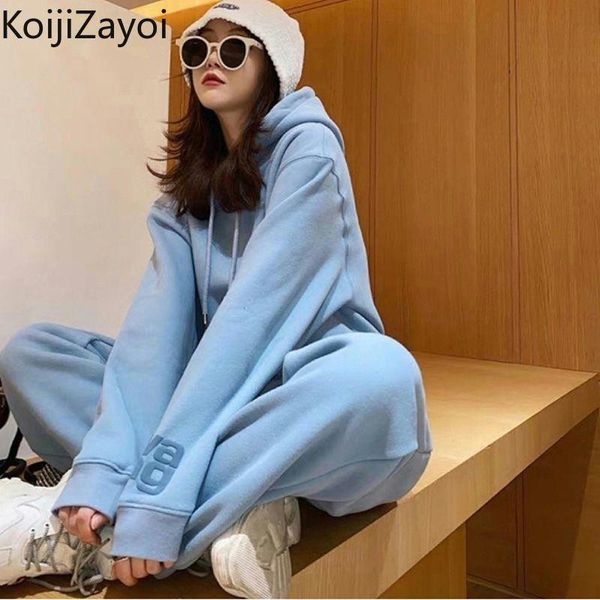 

women's two piece pants koijizayoi casual loose women pieces set solid fashion hooded sweatshirt ankle length sweatpant sport running s, White
