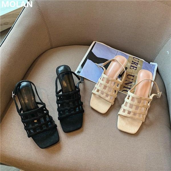 

brand designer 2021 summer fashion hallow square toe high heels woman sandals socofy back strap ladies shoes dress party, Black