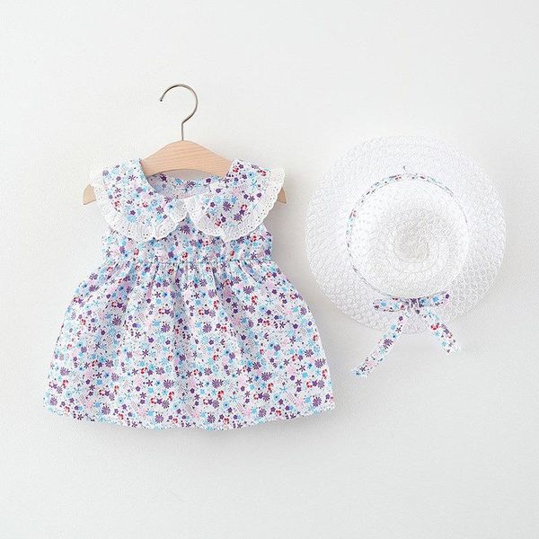 

girl's dresses summer children kids vintage floral print lace lapel collar sleeveless cute sundress baby girls dress + sunhat vestidos, Red;yellow