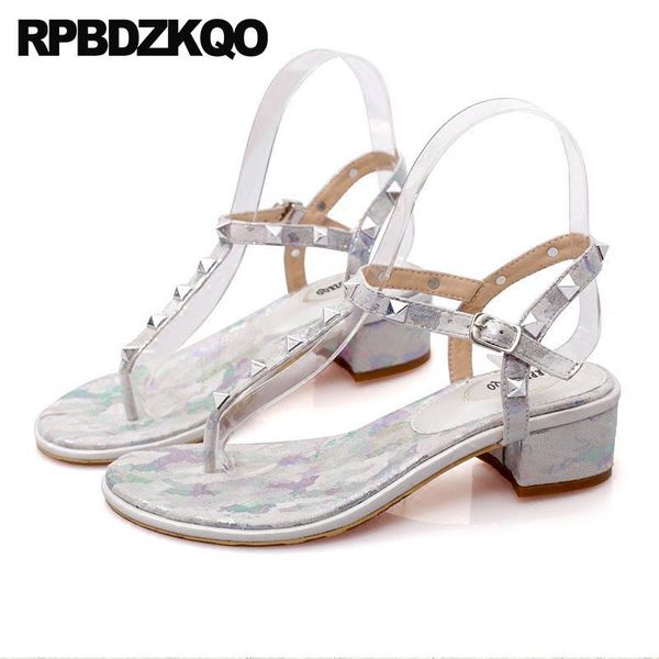 

dress shoes low heel women big size t strap sandals flower stud thong silver chunky pumps rivet floral print luxury, Black