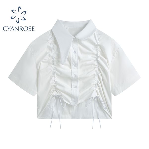 

drawstring design women's summer blouses short sleeve crop cardigan shirts irregular lapel collar y2k egirl blusas 210417, White