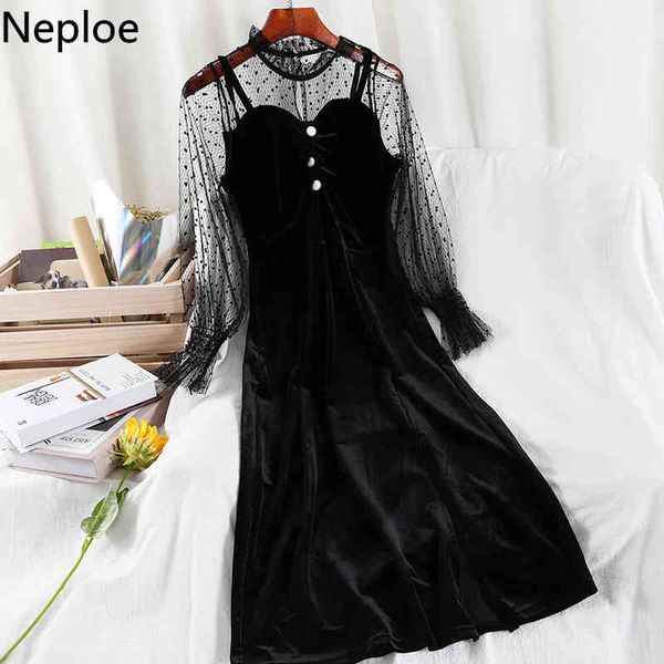 NELLOE GAULE BACKWORK MIDI Платье для MIDI Поддельные две в горошек Black Vestidos Смотреть через халат Slim Fit Pleuche Party платья женщин 4F958 210422