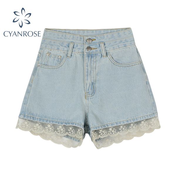 Calças de perna larga calças jeans mulheres lace spled cintura alta cintura retro maré calça calças verão rok azul lavado trendy streetwear 210417