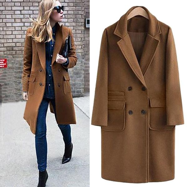 

women's wool & blends 2021 coat women fashion autumn winter solid long sleeve button pocket plus size cashmere woolen, Black