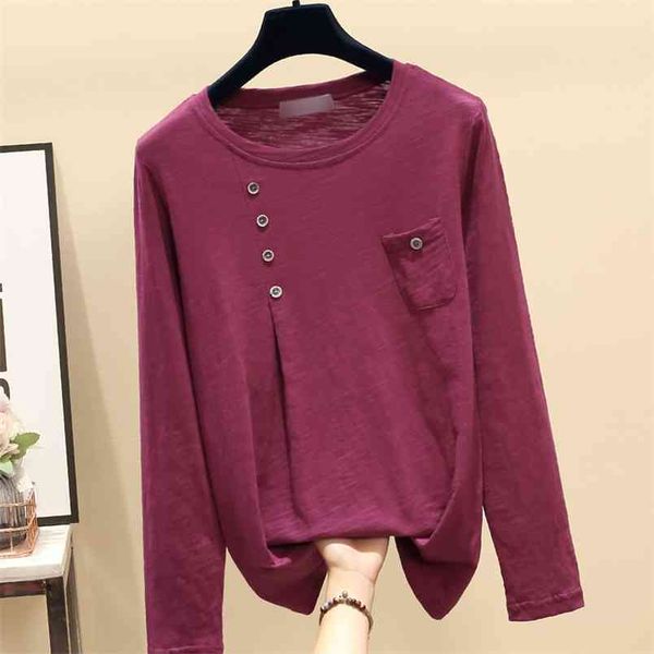

t-shirt women casual button fashion korea round neck t shirt cotton long sleeve pocket plus size 210507, White