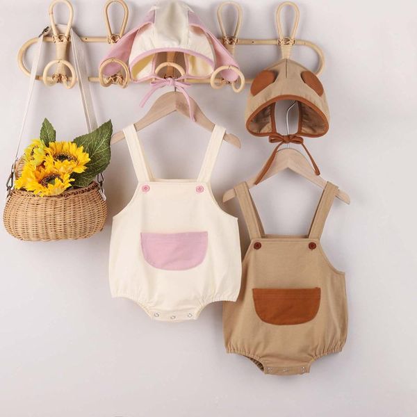

clothing sets girls clothes toddler kid baby boys summer sling bodysuit pocket suspenders+ hat ropa niÃ±a girl, White