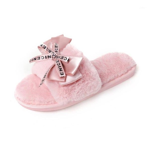 

faux fur warm women shoes woman plush home slippers with slip on flats cute bowtie female slides plus size 41 flat1, Black