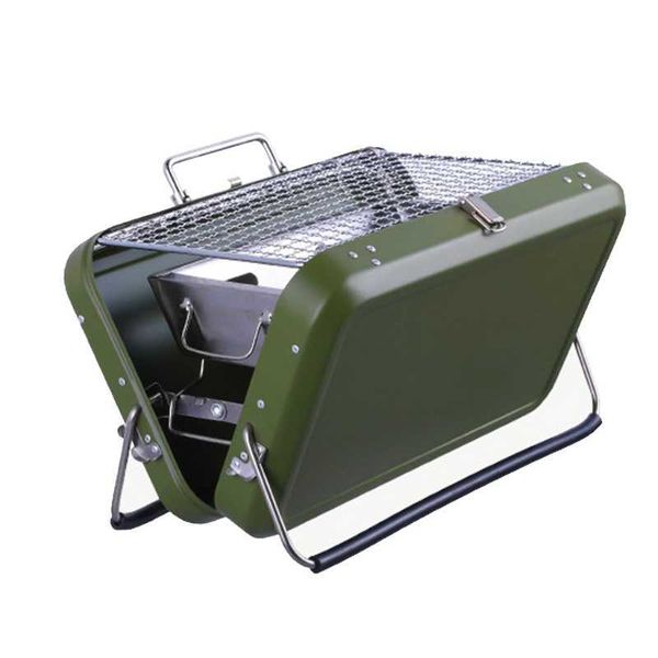 Tragbarer Holzkohle-BBQ-Grill, faltbarer Edelstahl-Aktenkoffer-Grill, Räuchergrill, kompakter, zusammenklappbarer Grill-Schreibtischtisch 210724