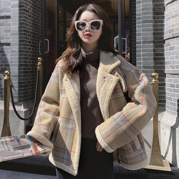 

women's wool & blends autumn winter plaid lamb jacket women korean loose oversized thick warm coat short abrigos para mujer plus size, Black