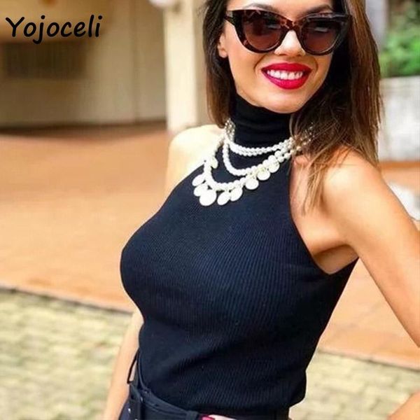 

women's vests yojoceli turtleneck sleeveless women knitted all match slim streetwear, Black;white