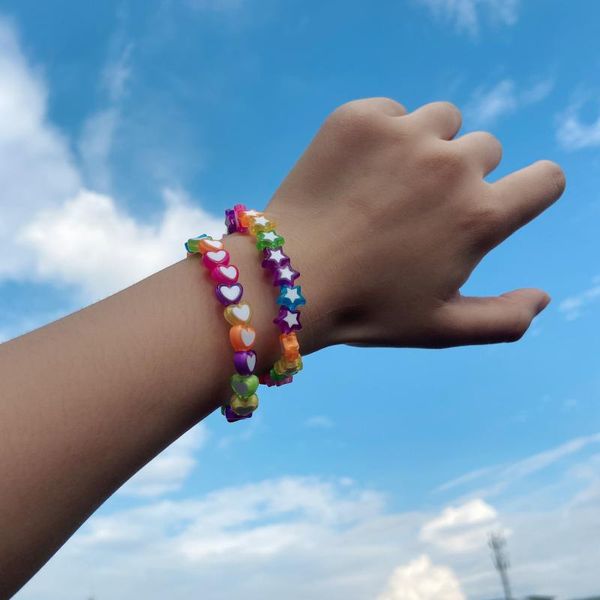

charm bracelets ins lovely acrylic mix and match color five-pointed star love heart-shaped bracelet rope chain women's wrist accessorie, Golden;silver