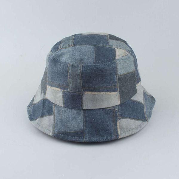 

sun hat spring summer fisherman's men's and women's leisure flat basin washing denim plaid hat shading, Blue;gray