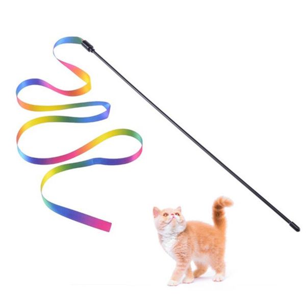 

cat toys pet rainbow cloth stripe tease cats rod teaser toy stick ribbon style colorful teasing interactive