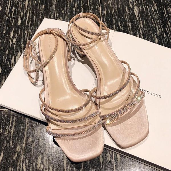 

women sandals silk rome style black color crystal buckle strap open toe high heels beaches party wedding