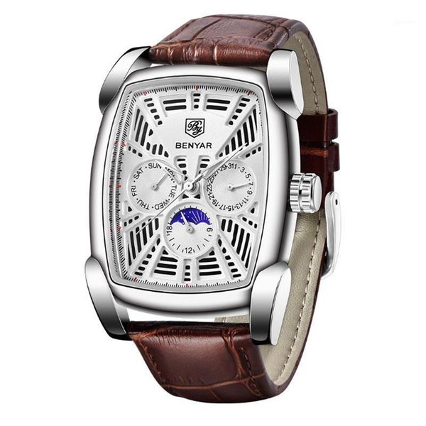 

wristwatches chronograph rectangle male watch white hollow dial quartz movement 3 bar waterproof benyar relogio masculino a5331, Slivery;brown