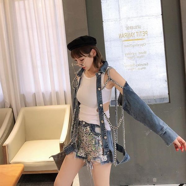 

women's jackets fashion chains patchwork denim women jacket lapel long sleeve button hollow out backless coat female summer g12m, Black;brown
