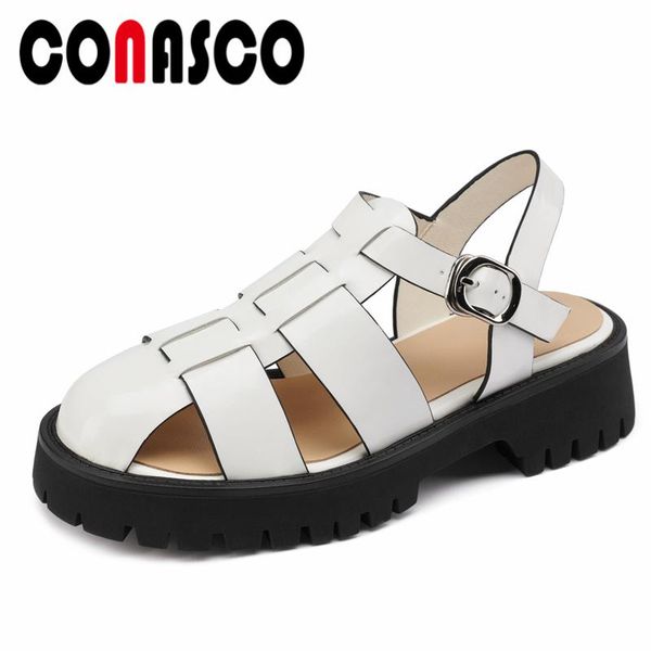 

sandals conasco fashion concise women spring summer high heels hollow genuine leather platforms casual gladiator shoes woman, Black