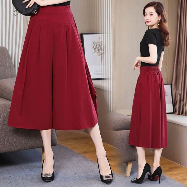 

women's pants & capris 2021 women summer fashion wide leg elastic high waist loose seven points female casual solid color q293, Black;white
