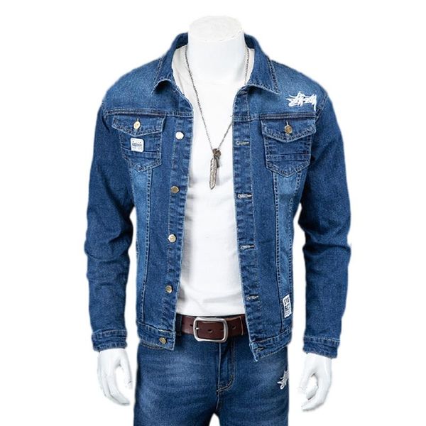 

men's tracksuits two-piece suit man denim jacket jeans trendy fashion all-match letter print embroidery slim stretch asian size, Gray
