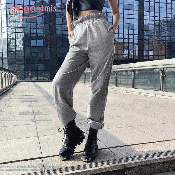 Aelegantmis Kadınlar Gri Yüksek Bel Rahat Uzun Pantolon Joggers Ince Kadın Pantolon Gevşek Bayanlar Kalem Pantolon Streetwear Sweatpants 210607